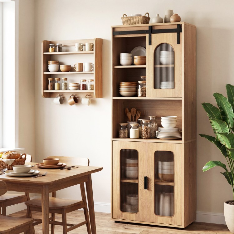 Farmhouse bathroom floor cabinet with sliding barn door, natural finish, featuring two cabinets and an open shelf for.