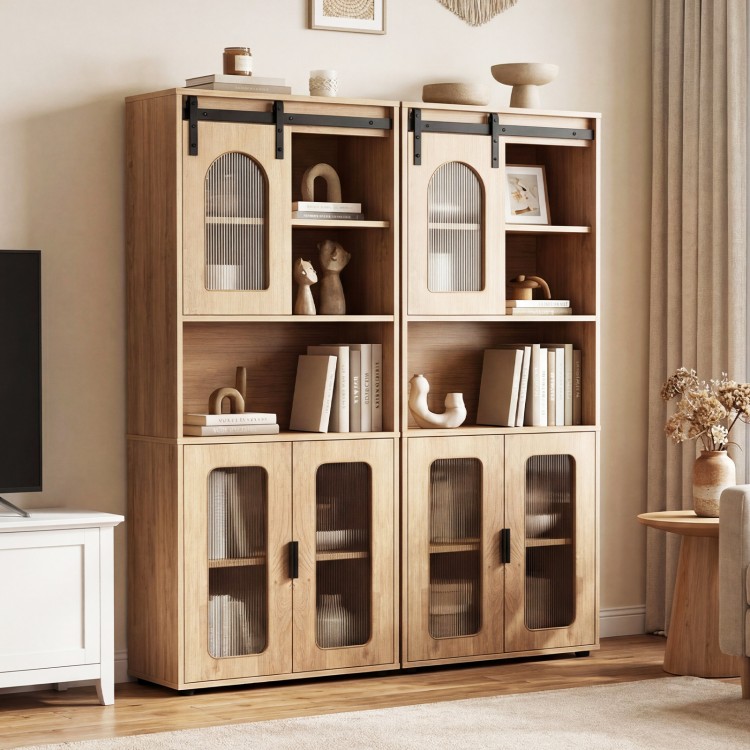 Farmhouse bathroom floor cabinet with sliding barn doors, natural wood finish, featuring open shelves and translucent.