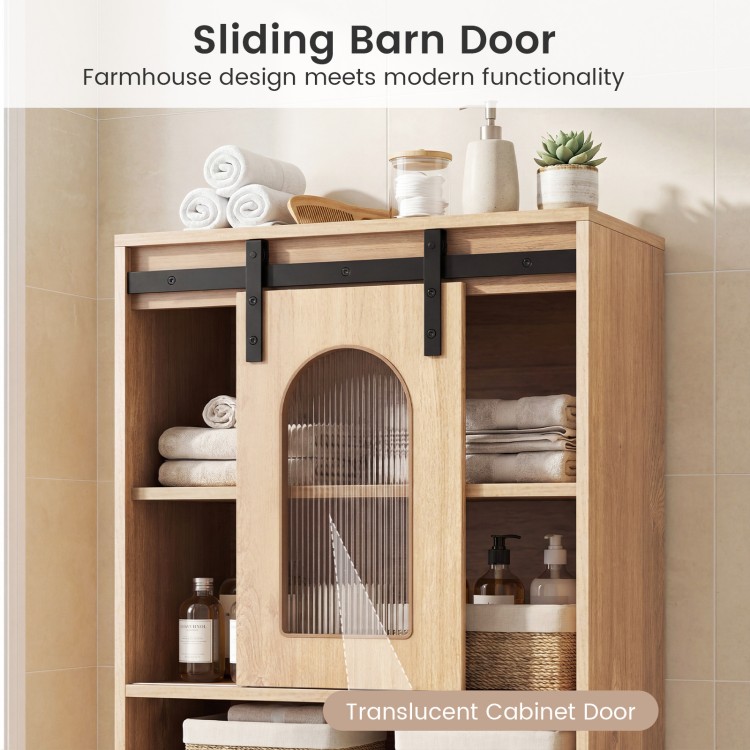 Farmhouse bathroom floor cabinet with sliding barn door, natural wood finish, featuring translucent door and open shelf.