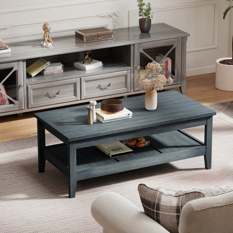 Rustic blue farmhouse coffee table with thickened tabletop and spacious lower shelf for stylish storage.