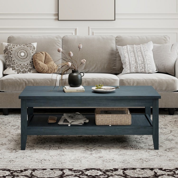 Rustic blue farmhouse coffee table with thickened tabletop and 2-tier storage, perfect for living room essentials.