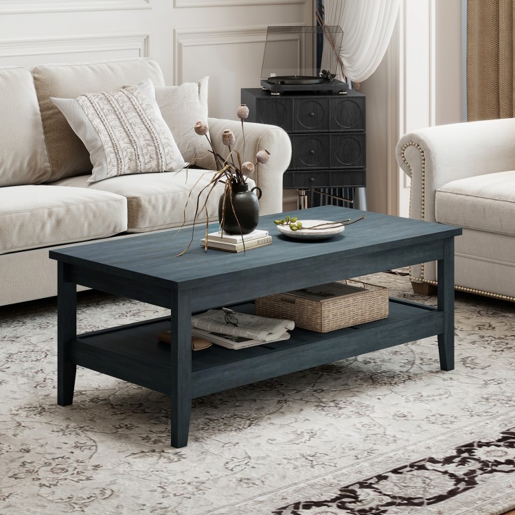 Rustic blue farmhouse coffee table with thickened tabletop and 2-tier storage, perfect for stylish living room decor.