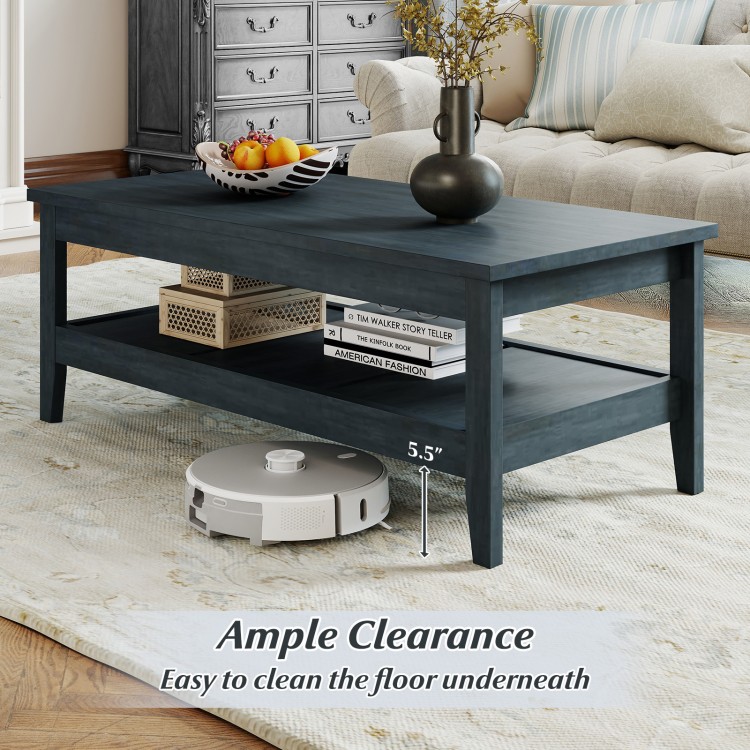 Rustic blue farmhouse coffee table with thickened tabletop and ample clearance for easy floor cleaning underneath.
