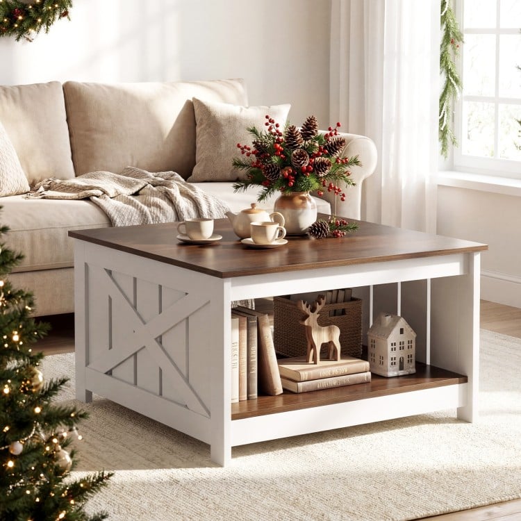 Square farmhouse coffee table in white with a thickened tabletop and open storage shelf, ideal for living room decor.
