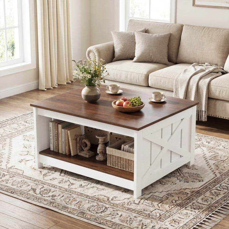 Farmhouse coffee table with a thickened tabletop and open storage shelf, perfect for books and decor in a cozy living.
