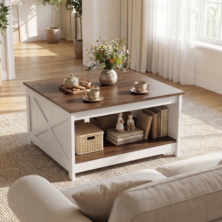 Square farmhouse coffee table with storage shelf, featuring a white finish and wooden top, perfect for living room.