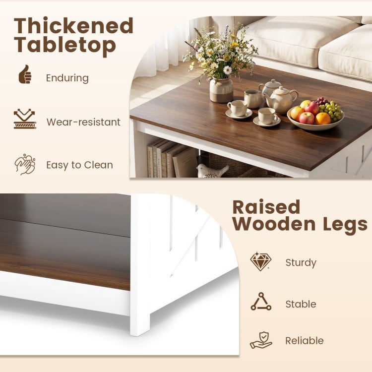 Square farmhouse coffee table with thickened tabletop and raised wooden legs, featuring a 2-tier storage shelf for.