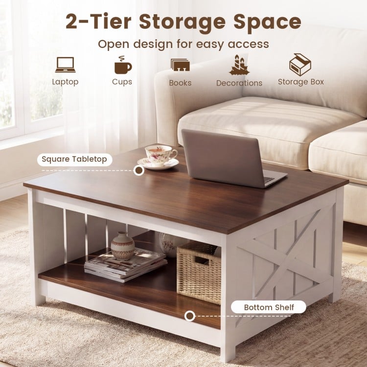 Farmhouse coffee table with a square tabletop and 2-tier storage shelf, perfect for books and decorations in a stylish.