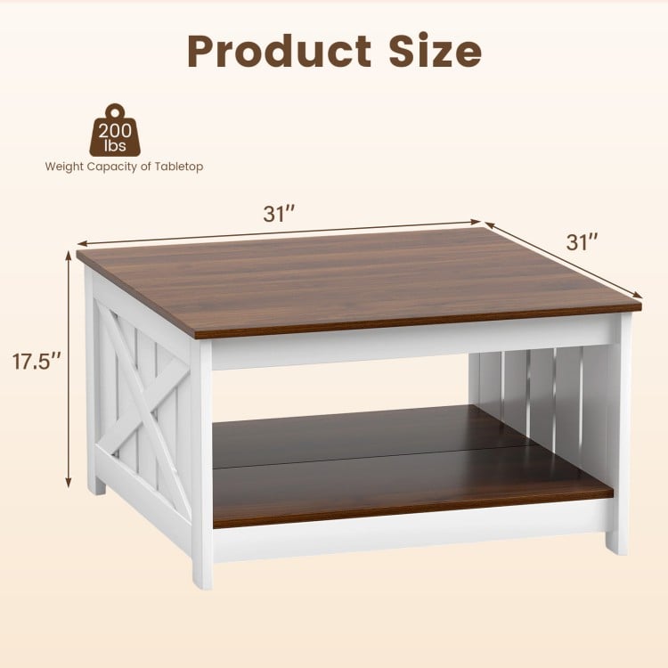 Square farmhouse coffee table with a white finish, 31-inch size, featuring a storage shelf and sturdy construction.