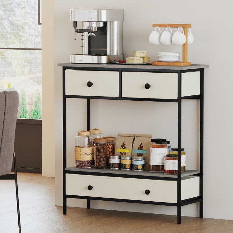 Farmhouse console table with gray finish, featuring three pull-out drawers and open storage shelf for hallway.