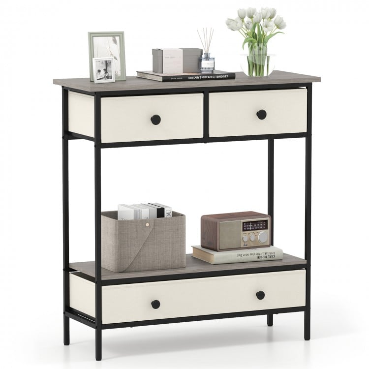 Farmhouse console table in gray with three drawers and open shelf, perfect for hallway or entryway storage.