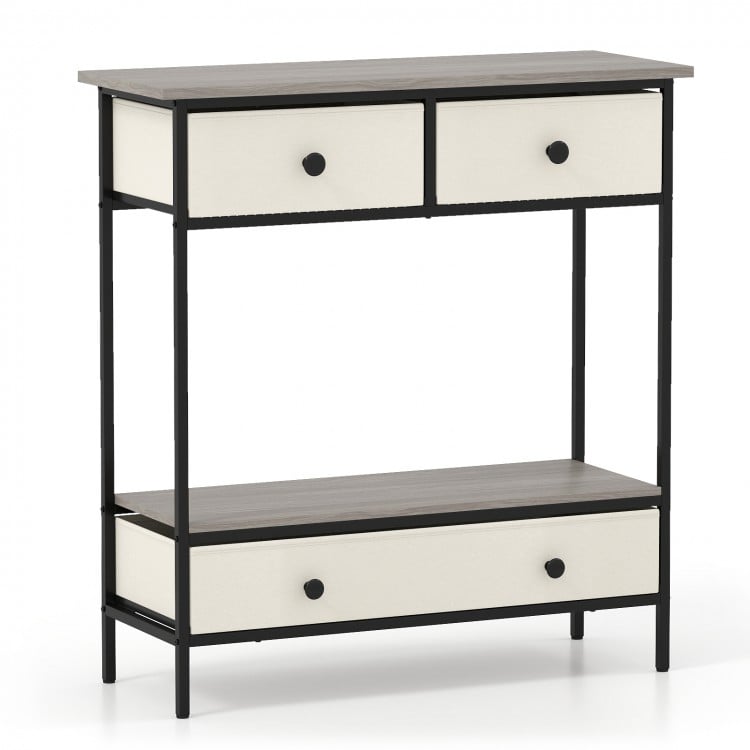 Farmhouse console table with gray finish, featuring 3 drawers and an open shelf for hallway or entryway storage.