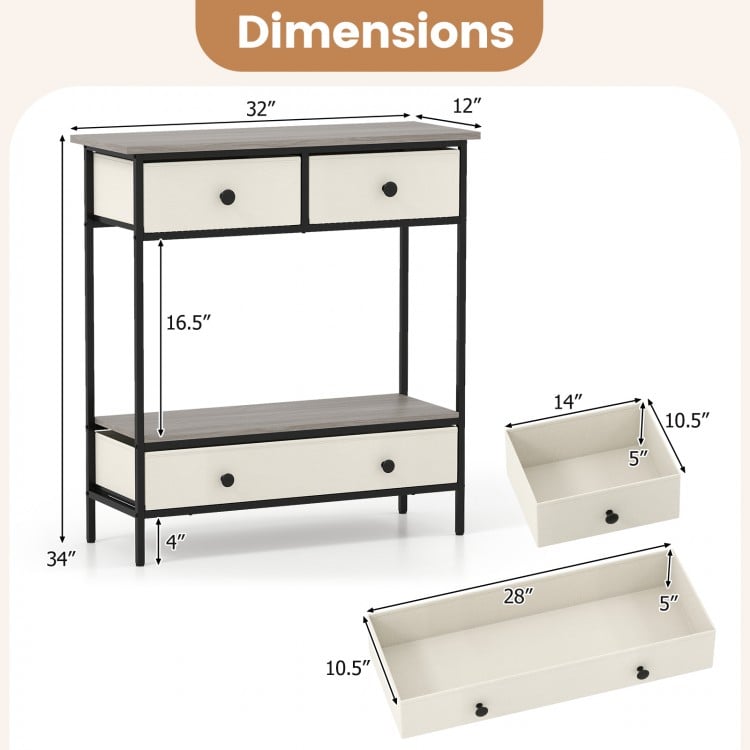 Farmhouse console table with gray finish, featuring 3 drawers and open shelf, ideal for hallway storage and display.