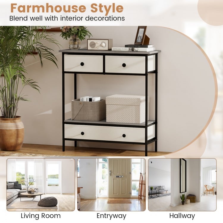 Farmhouse console table with gray finish, featuring 3 drawers and open shelf, perfect for living room or hallway.