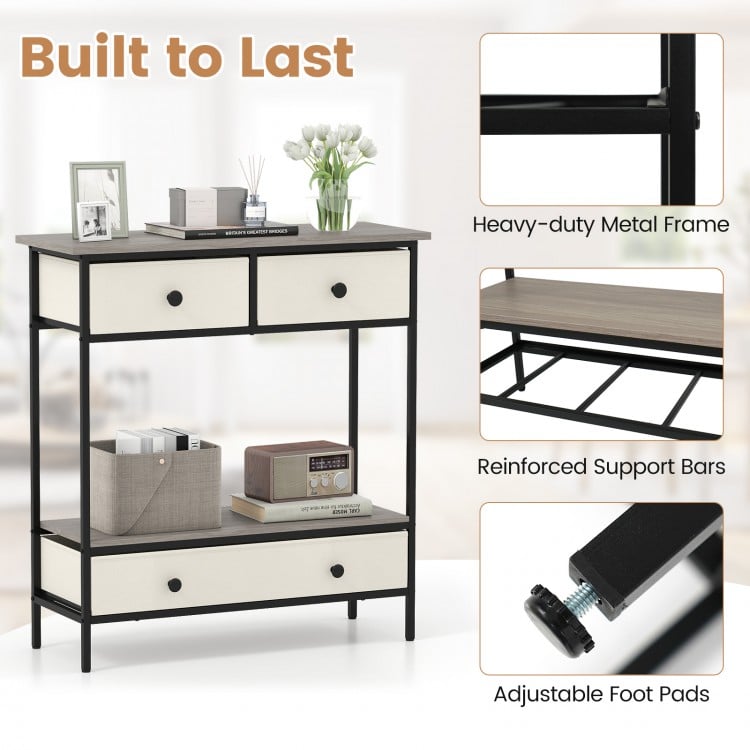 Farmhouse console table in gray with three drawers, open shelf, and heavy-duty metal frame for hallway storage.