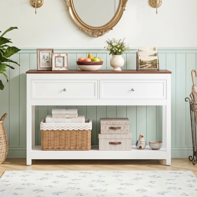 Farmhouse console table in white with two drawers and open storage shelf, perfect for organizing living room essentials.