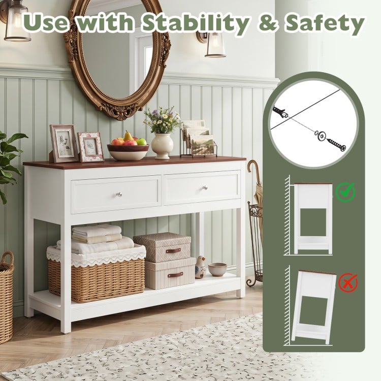 Farmhouse console table in white featuring two drawers and an open storage shelf, ideal for living room or entryway organization.