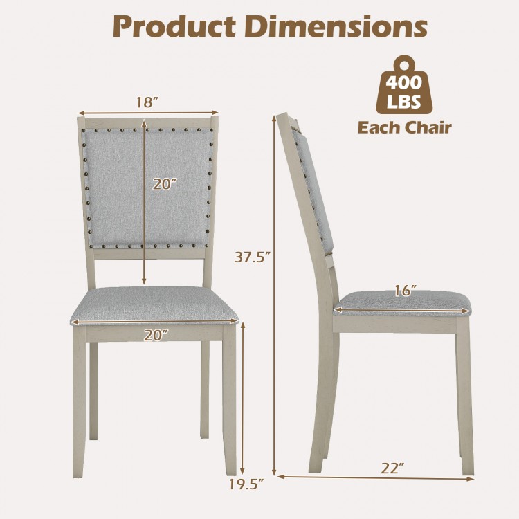 Farmhouse dining chair dimensions with grey fabric upholstery, rubber wood frame, supports up to 400 lbs, ergonomic.