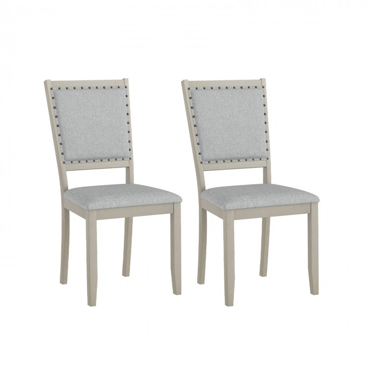 Set of 2 grey farmhouse dining chairs with fabric upholstery and vintage nailheads, perfect for modern dining areas.