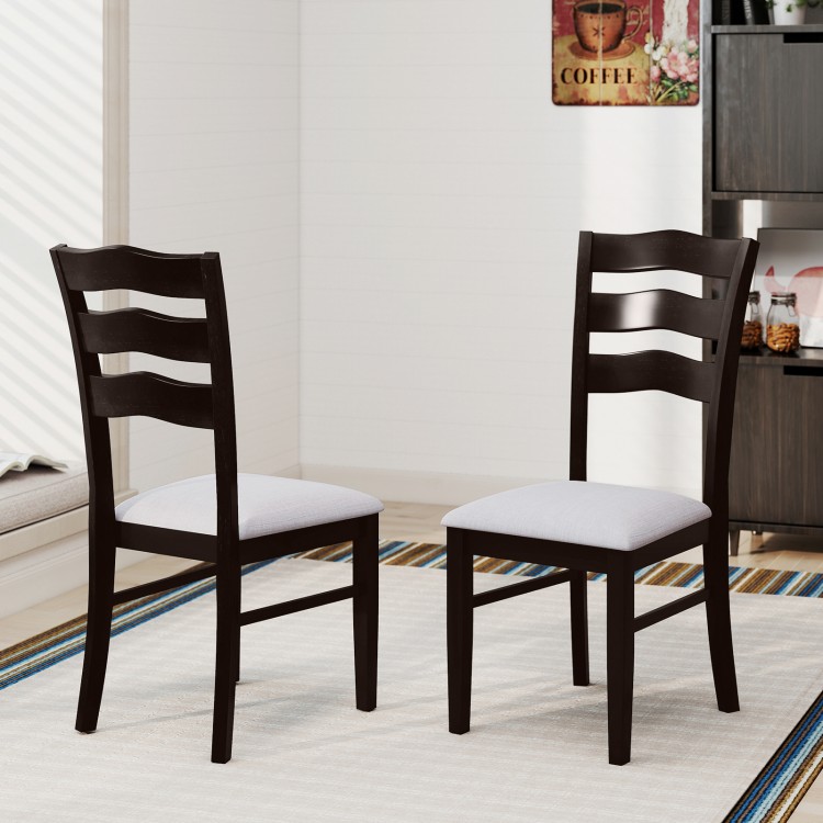 Set of 2 farmhouse dining chairs with gray upholstered seats and elegant hollowed backrest for modern kitchens.