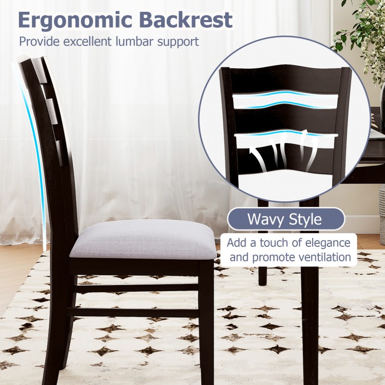 Gray farmhouse dining chair with ergonomic wavy backrest for lumbar support, ideal for kitchens and dining rooms.