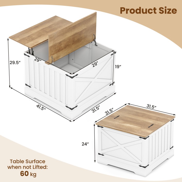 Farmhouse lift top coffee table with hidden storage, brown tabletop, and sturdy hydraulic lifter for versatile use.