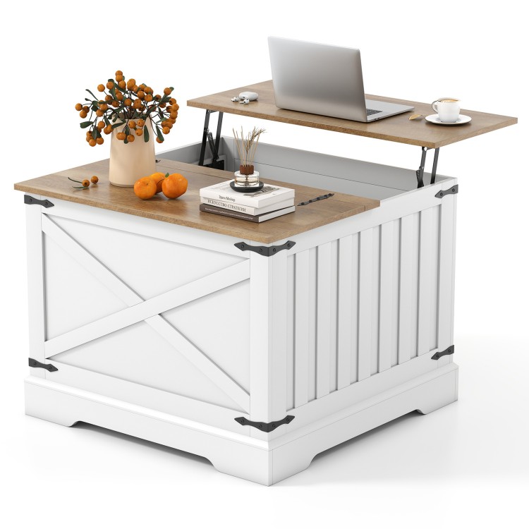 Farmhouse lift top coffee table with hidden storage, brown tabletop, and hydraulic lifter for home or office use.