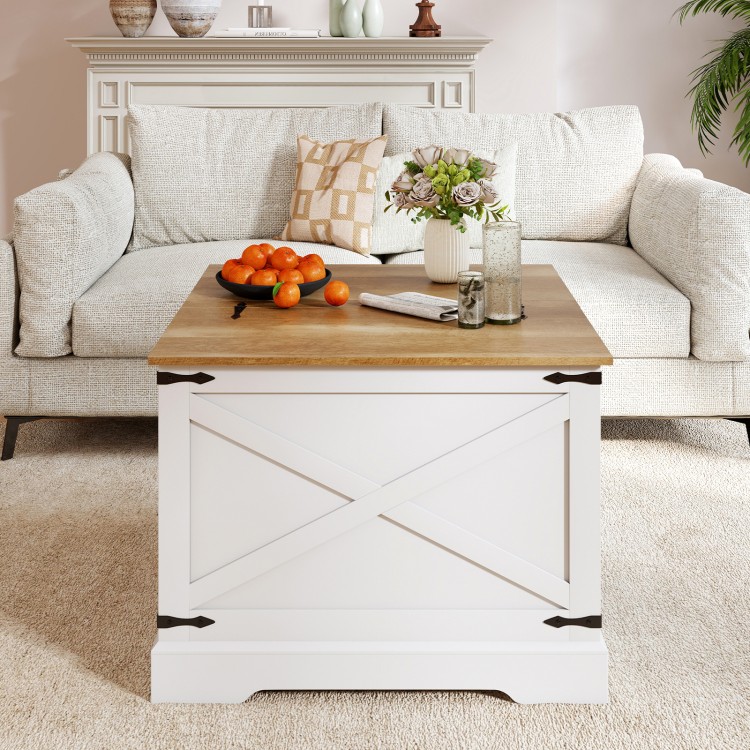 Farmhouse lift top coffee table with a brown square top, featuring hidden storage and a stylish design for home or.