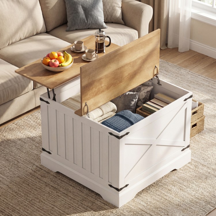 Farmhouse lift top coffee table in white with brown top, featuring hidden storage and a raised tabletop for convenience.