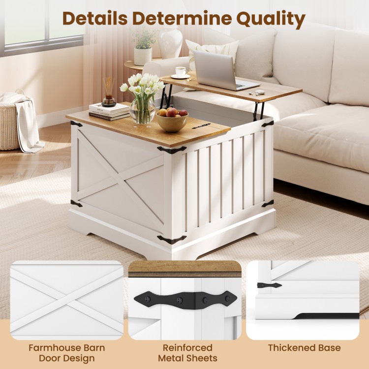 Farmhouse lift top coffee table with hidden storage, featuring a square tabletop and reinforced metal brackets for.