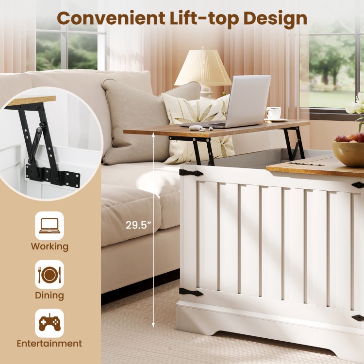 Lift-top coffee table in brown with hidden storage, ideal for dining or working, featuring a sturdy hydraulic lifter.