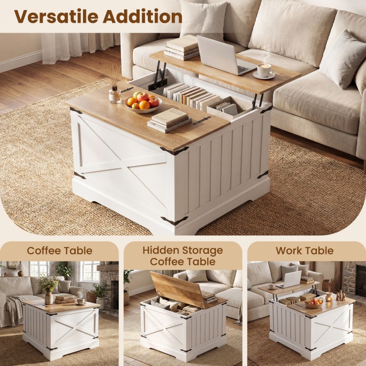 Farmhouse lift top coffee table in white and brown with hidden storage, ideal for home or office use.
