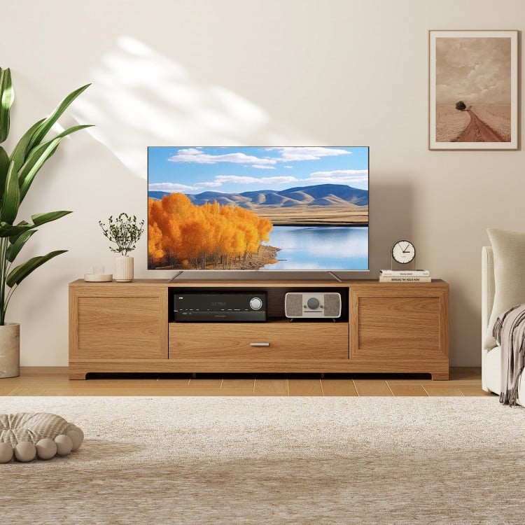Farmhouse rustic TV stand in natural finish, accommodating TVs up to 80", featuring cabinets and drawer for media.