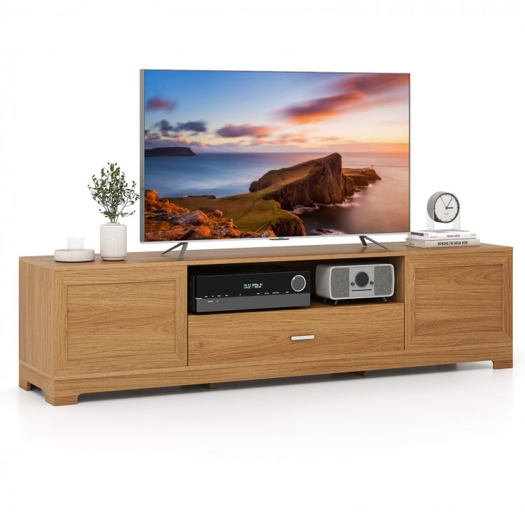 Farmhouse rustic TV stand in natural finish, featuring a smooth drawer and back cable hole for organized media setup.