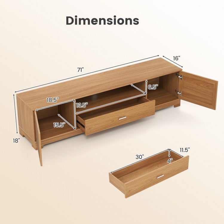 Dimensions of the Farmhouse Rustic TV Stand, featuring compartments, cabinets, and a drawer for media organization.