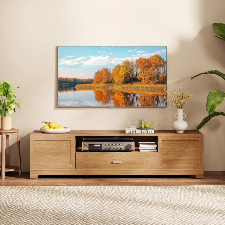Farmhouse rustic TV stand in natural finish, designed for TVs up to 80", featuring storage cabinets and a sleek drawer.