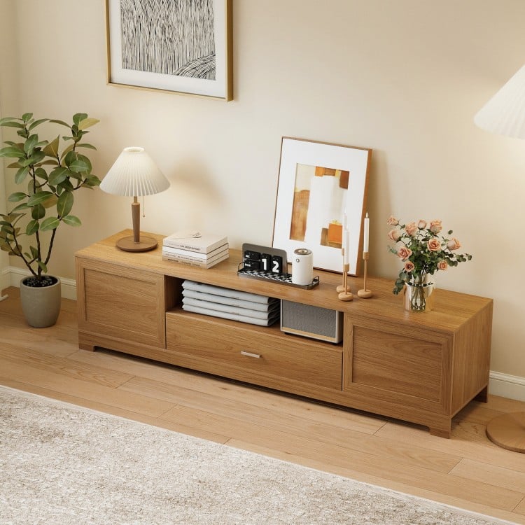 Farmhouse rustic TV stand in natural finish, featuring storage cabinets and a drawer, perfect for TVs up to 80 inches.