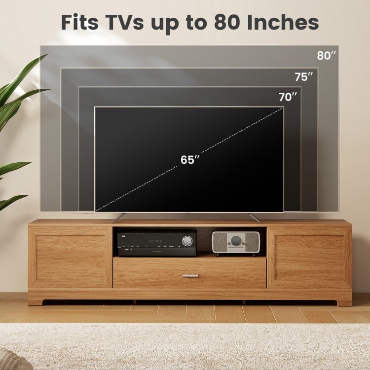 Farmhouse Rustic TV Stand showcasing dimensions for TVs up to 80 inches, featuring natural wood finish and storage.
