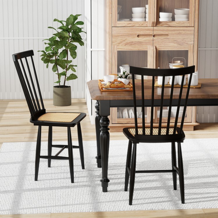 Black farmhouse dining chairs set of 2 with PE rattan seats, featuring ergonomic backrests for comfort in a stylish.