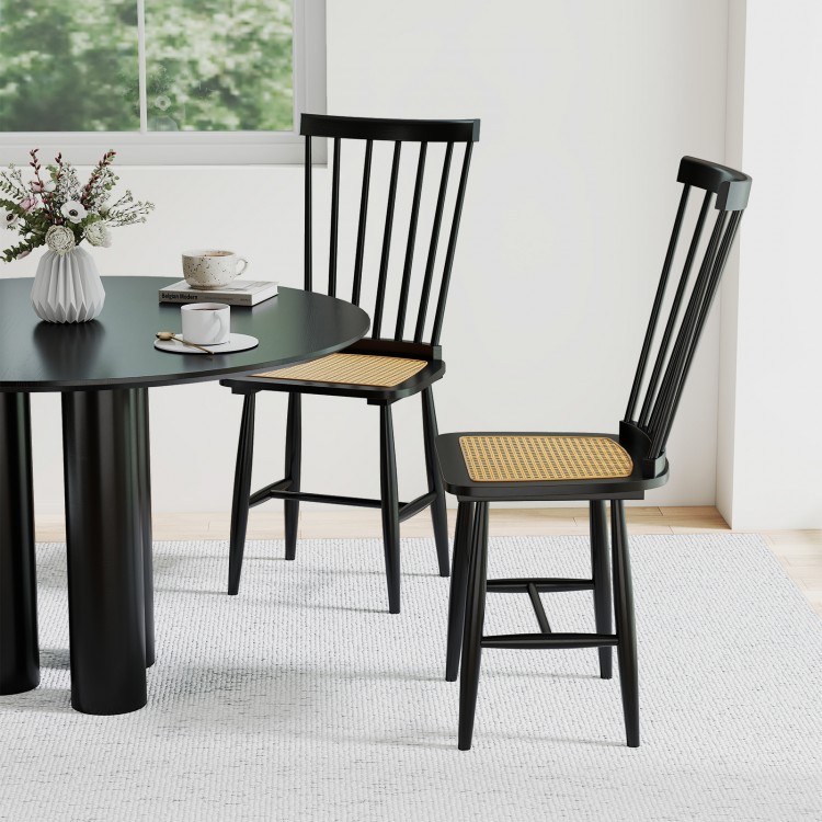 Black farmhouse dining chairs set of 2 with PE rattan seats, featuring ergonomic backrests for comfort in dining spaces.