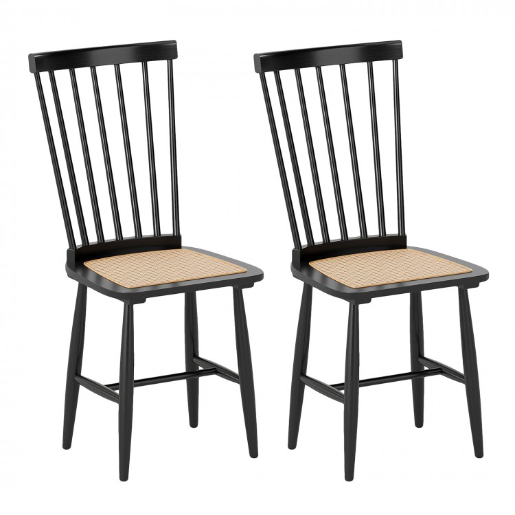 Set of 2 black farmhouse dining chairs with ergonomic curved backrest and PE rattan seats for stylish comfort.