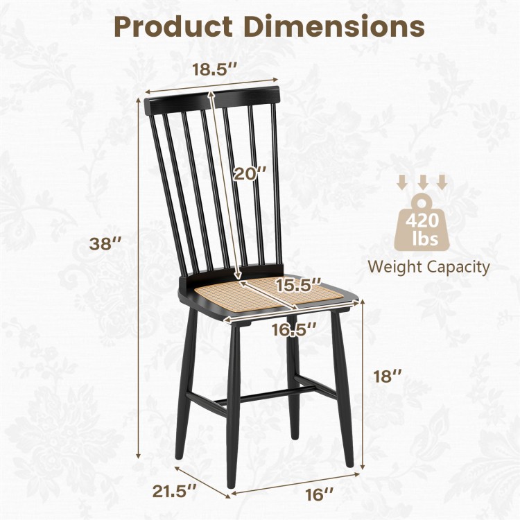 Dimensions of the Farmhouse Solid Rubber Wood Dining Chair with PE rattan seat, supporting up to 420 lbs for dining use.