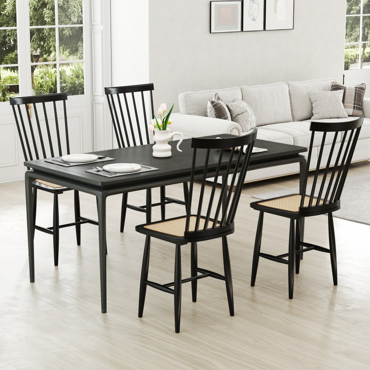 Black dining chair set featuring solid rubber wood and PE rattan seats, perfect for dining rooms or kitchens.