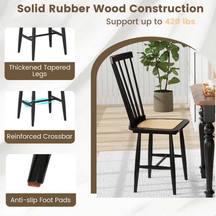 Farmhouse solid rubber wood dining chair with PE rattan seat, ergonomic backrest, and anti-slip foot pads for comfort.