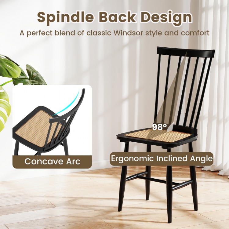 Black farmhouse dining chair with ergonomic curved backrest and PE rattan seat, perfect for dining rooms or kitchens.