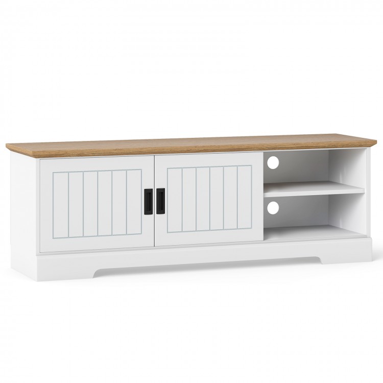 Farmhouse TV stand in white with wood top, featuring sliding doors, storage cabinets, and cable management for TVs up.