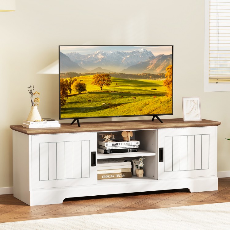 Farmhouse TV stand in white with a wooden top, featuring 3 adjustable shelves and sliding doors for stylish storage.