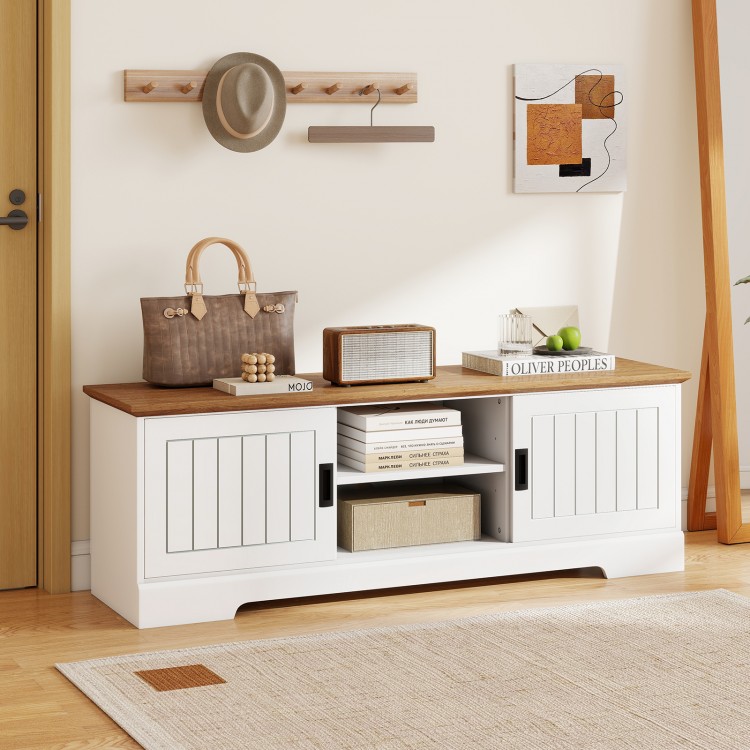 Farmhouse TV stand in white with wooden top, featuring sliding doors, storage cabinets, and cable management for TVs up.