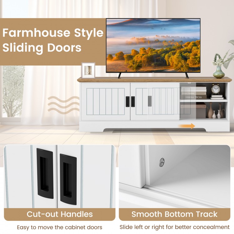 Farmhouse TV stand with sliding doors, featuring cut-out handles and smooth bottom track for easy access and storage.