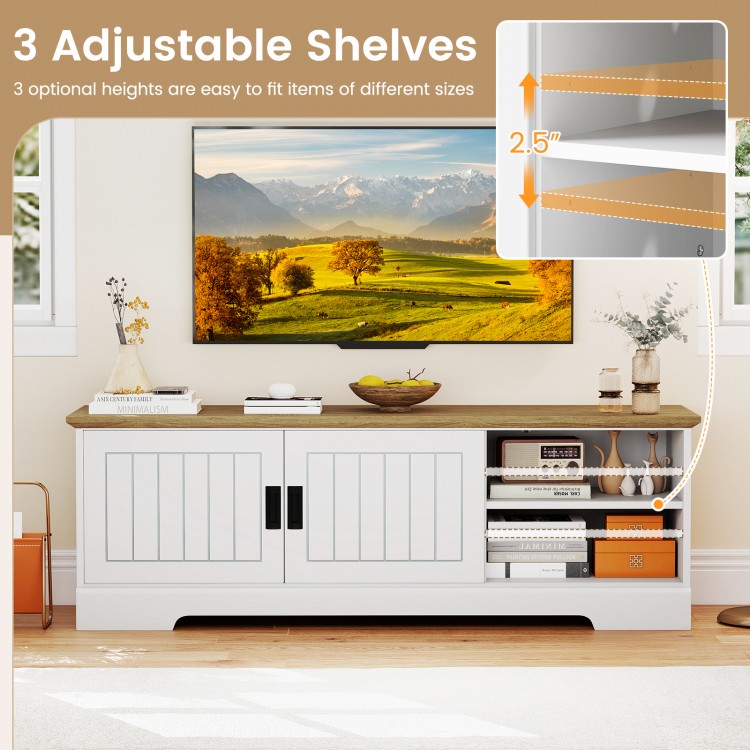 Farmhouse TV stand with sliding doors, featuring 3 adjustable shelves for versatile storage and space for TVs up to 65.